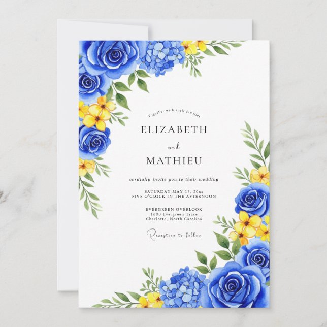 Invitación Boda de Romance Flor Azul Real (Anverso)