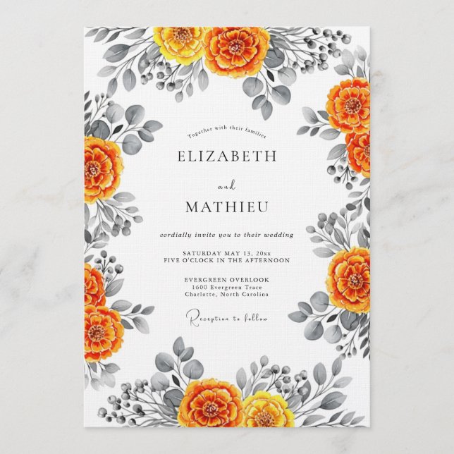 Invitación Boda de Romance Floral Acuarela Naranja (Anverso)