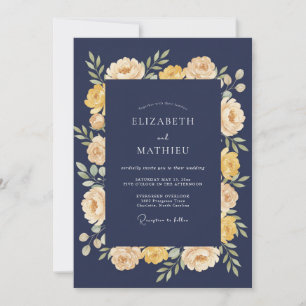 Invitación Boda de Romance Floral Amarillo Azul Marino