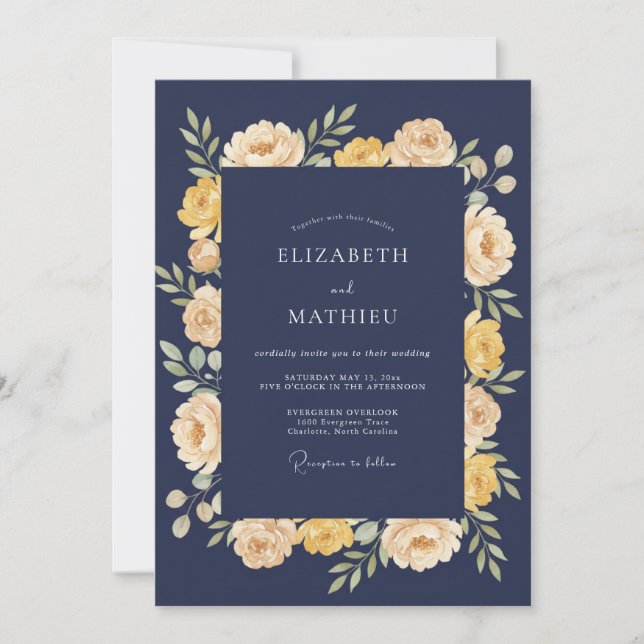 Invitación Boda de Romance Floral Amarillo Azul Marino (Anverso)