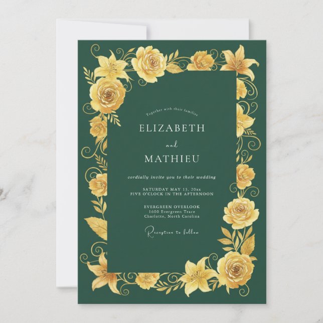 Invitación Boda de Romance Floral Amarillo Dorado (Anverso)