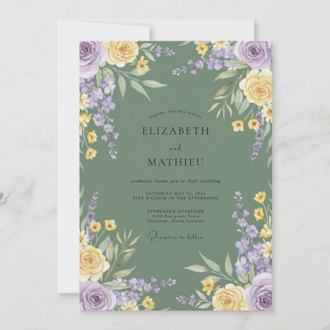 Invitación Boda de Romance Floral Amarillo Lavanda (Anverso)