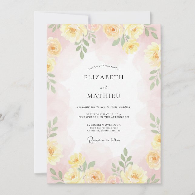 Invitación Boda de Romance Floral Amarillo Pastel (Anverso)