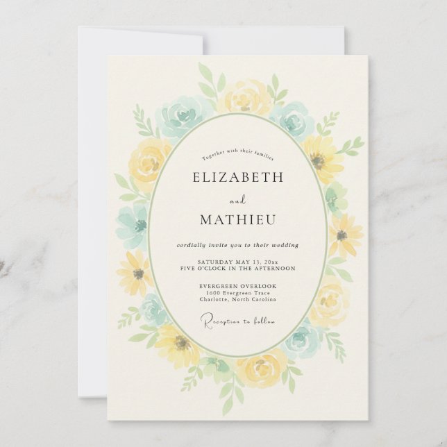 Invitación Boda de Romance Floral Azul Amarillo (Anverso)