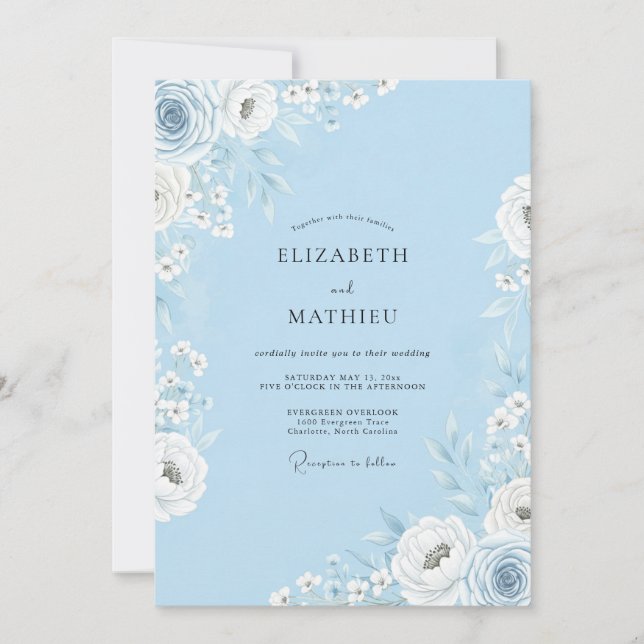 Invitación Boda de Romance Floral Azul Celeste (Anverso)