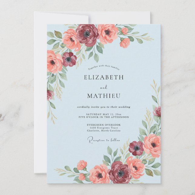 Invitación Boda de Romance Floral Azul Claro (Anverso)