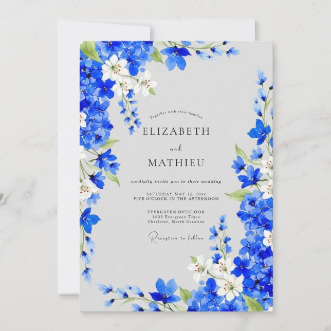Invitación Boda de Romance Floral Azul Cobalto (Anverso)