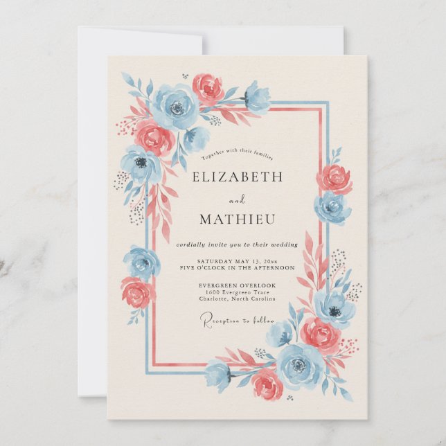 Invitación Boda de Romance Floral Azul Coral (Anverso)