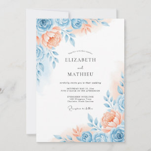 Invitación Boda de Romance Floral Azul Coral
