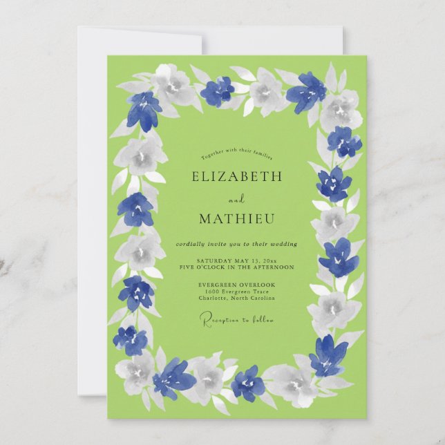 Invitación Boda de Romance Floral Azul de Primavera (Anverso)