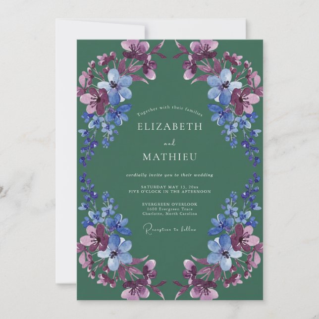 Invitación Boda de Romance Floral Azul Esmeralda (Anverso)