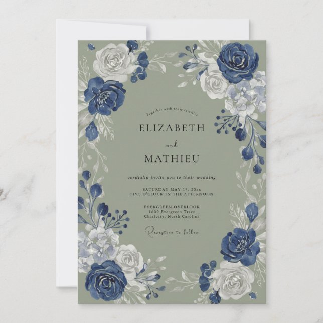 Invitación Boda de Romance Floral Azul Índigo (Anverso)