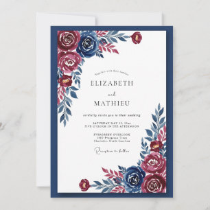 Invitación Boda de Romance Floral Azul Marino