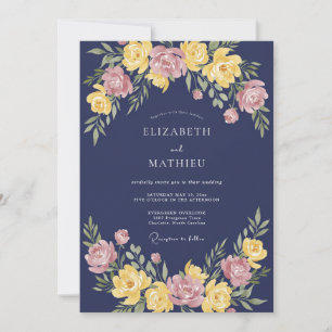 Invitación Boda de Romance Floral Azul Marino Intenso