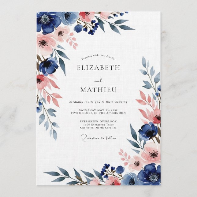 Invitación Boda de Romance Floral Azul Marino y Rubor (Anverso)