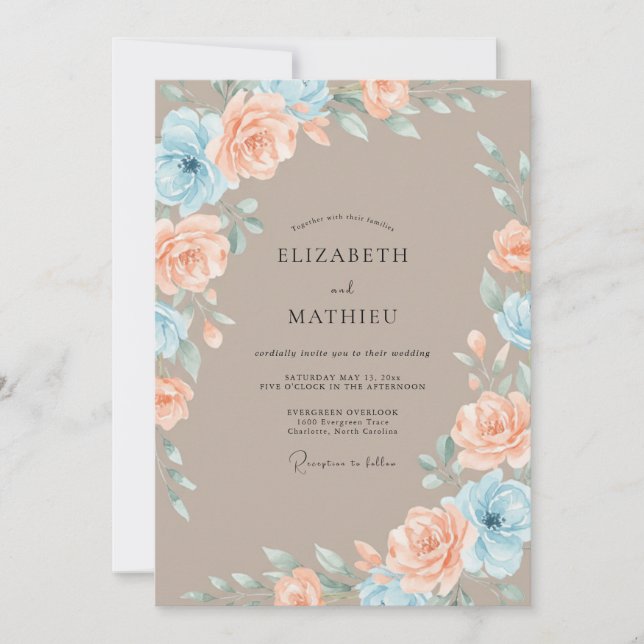 Invitación Boda de Romance Floral Azul Melocotón (Anverso)