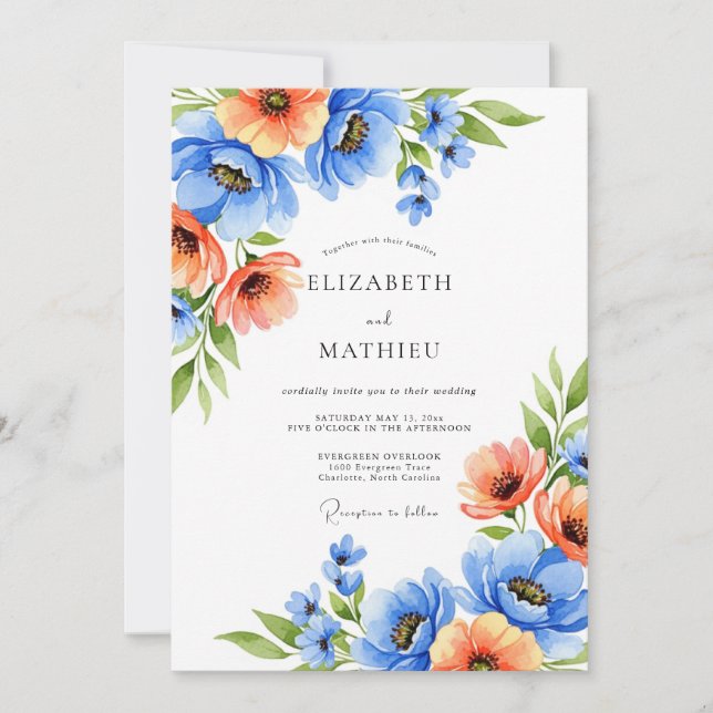 Invitación Boda de Romance Floral Azul Naranja (Anverso)