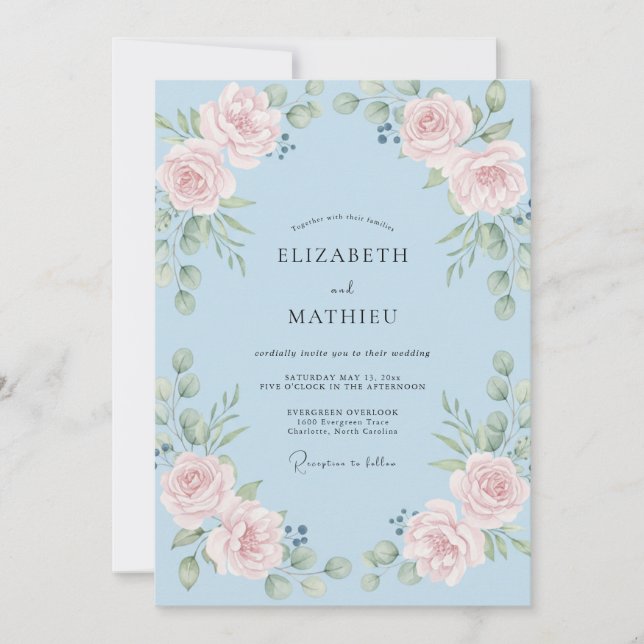Invitación Boda de Romance Floral Azul Pálido (Anverso)