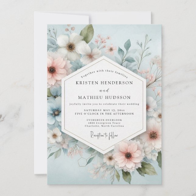 Invitación Boda de Romance Floral Azul Pálido (Anverso)