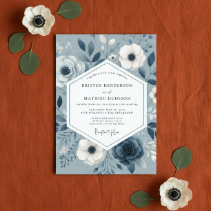 Invitación Boda de Romance Floral Azul Pizarra
