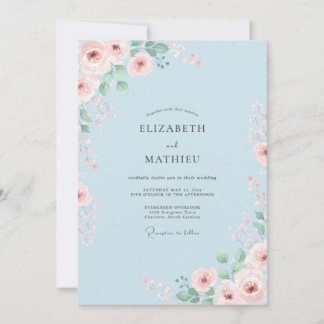 Invitación Boda de Romance Floral Azul Polvo (Anverso)