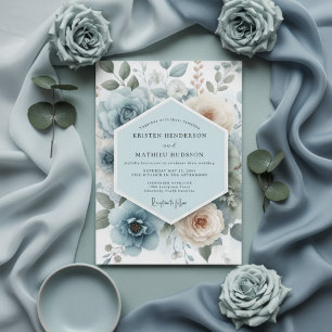 Invitación Boda de Romance Floral Azul Polvo
