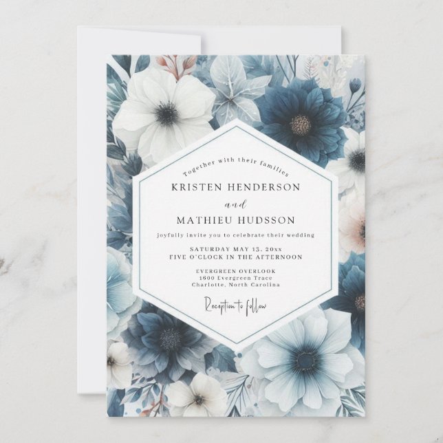 Invitación Boda de Romance Floral Azul Polvoriento (Anverso)