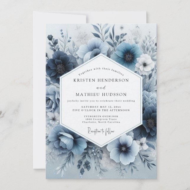Invitación Boda de Romance Floral Azul Polvoriento (Anverso)