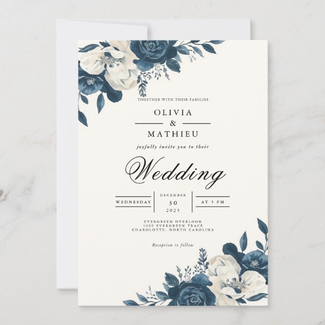 Invitación Boda de Romance floral azul profundo (Anverso)