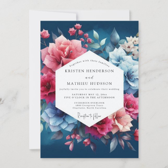 Invitación Boda de Romance Floral Azul Profundo (Anverso)
