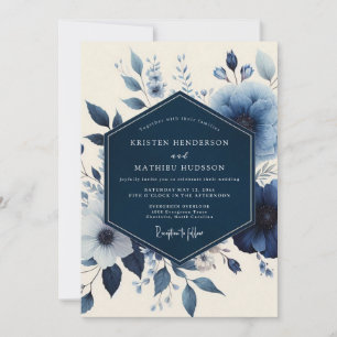 Invitación Boda de Romance Floral Azul Profundo