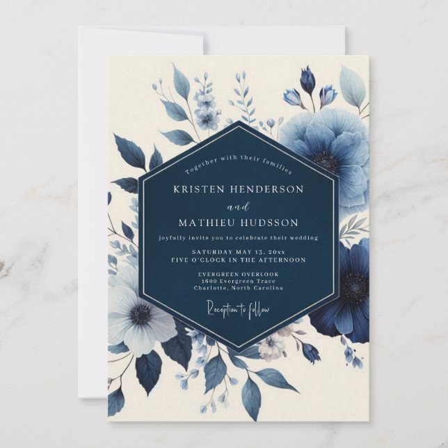 Invitación Boda de Romance Floral Azul Profundo (Anverso)