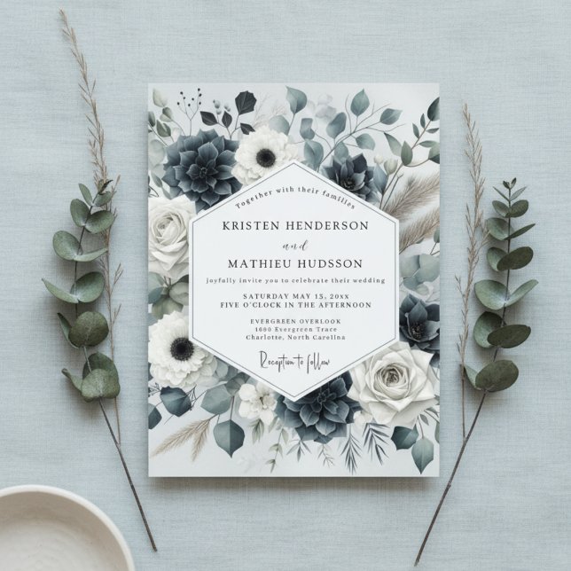Invitación Boda de Romance Floral Azul Profundo (Subido por el creador)