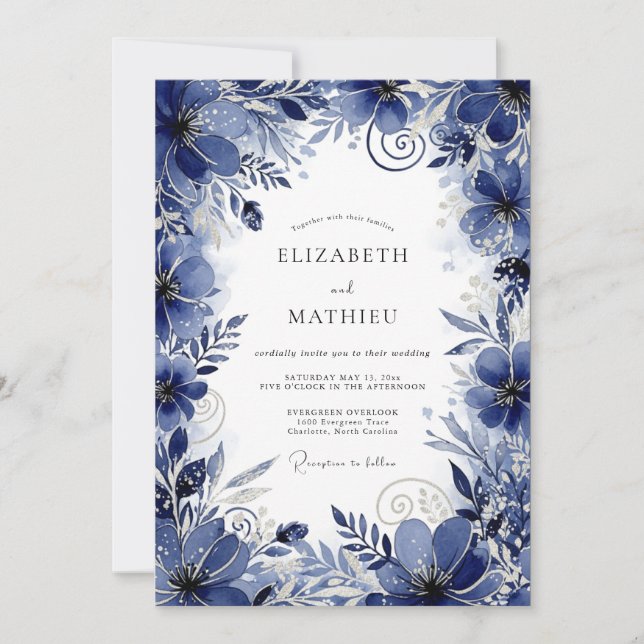 Invitación Boda de Romance Floral Azul Profundo (Anverso)