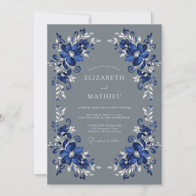 Invitación Boda de Romance Floral Azul Rico (Anverso)