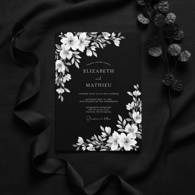 Invitación Boda de Romance Floral Blanco Negro (Subido por el creador)