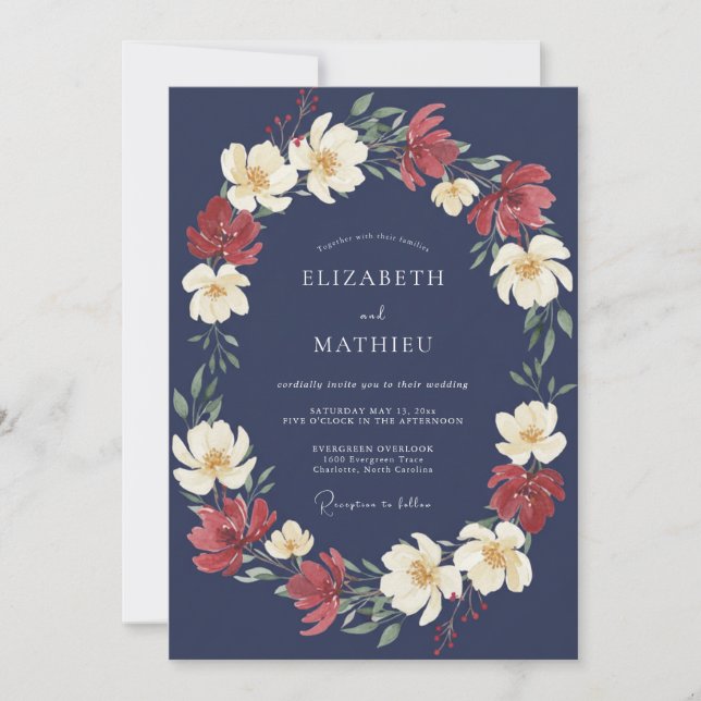 Invitación Boda de Romance Floral Carmesí Marina (Anverso)