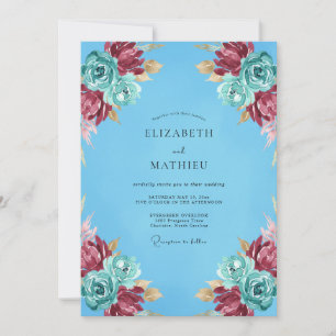 Invitación Boda de Romance Floral Carmesí Verdeazulado