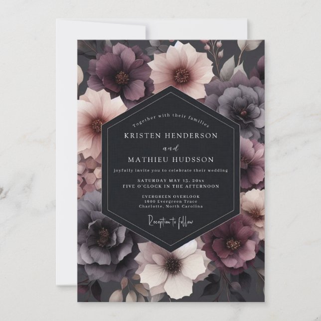Invitación Boda de Romance Floral Ciruela Profunda (Anverso)