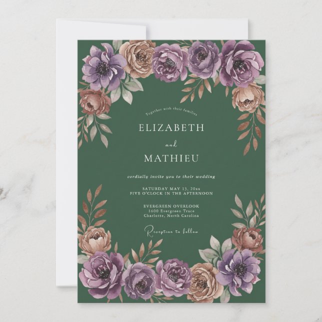 Invitación Boda de Romance Floral Ciruela Profunda (Anverso)