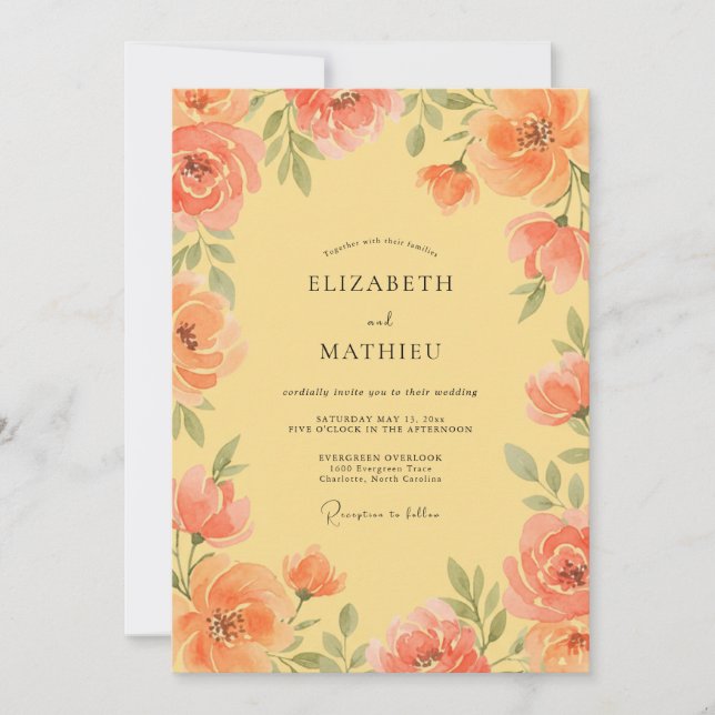 Invitación Boda de Romance Floral Coral (Anverso)