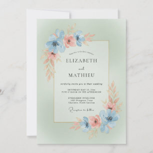 Invitación Boda de Romance Floral Coral Azul Cielo
