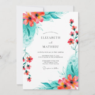 Invitación Boda de Romance Floral Coral Turquesa