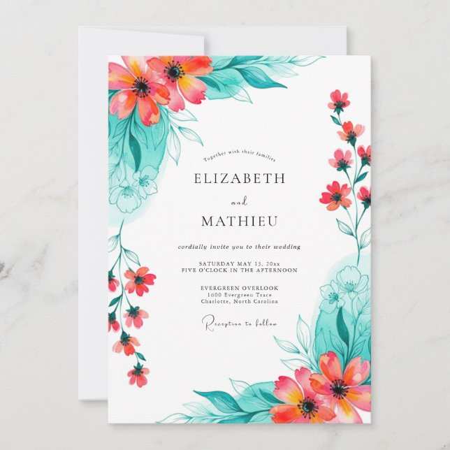 Invitación Boda de Romance Floral Coral Turquesa (Anverso)