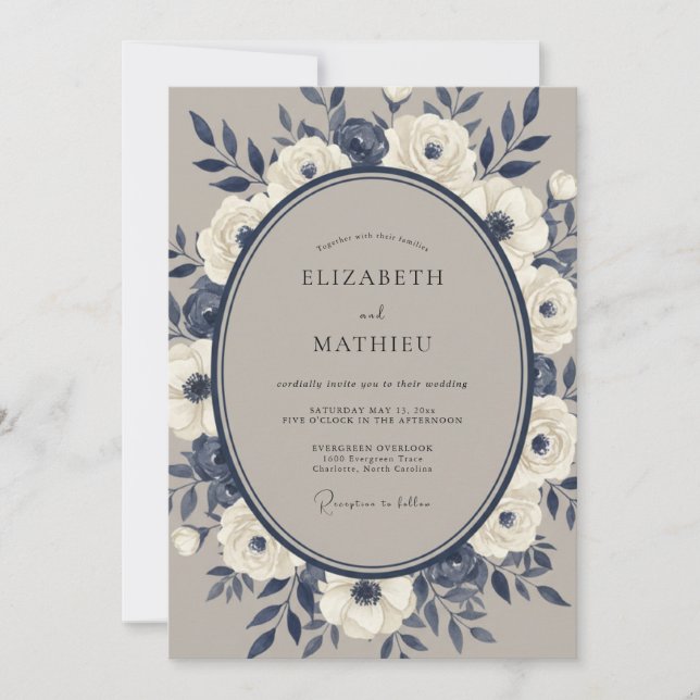 Invitación Boda de Romance Floral Crema Marina (Anverso)