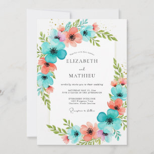 Invitación Boda de Romance Floral de Coral Teal