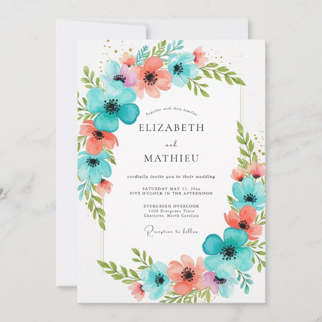 Invitación Boda de Romance Floral de Coral Teal (Anverso)