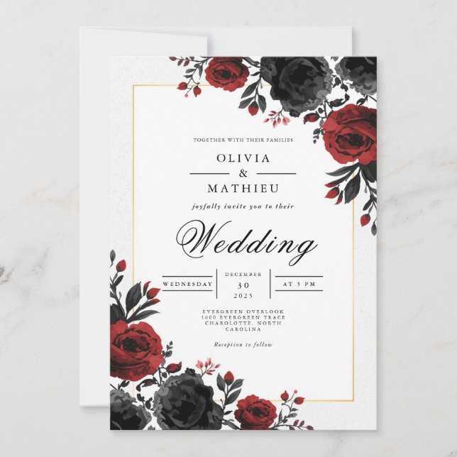 Invitación Boda de romance floral de Crimson (Anverso)