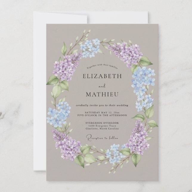 Invitación Boda de Romance Floral de Hortensia Vinca (Anverso)