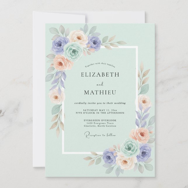 Invitación Boda de Romance Floral de Melocotón y Periwinkle (Anverso)